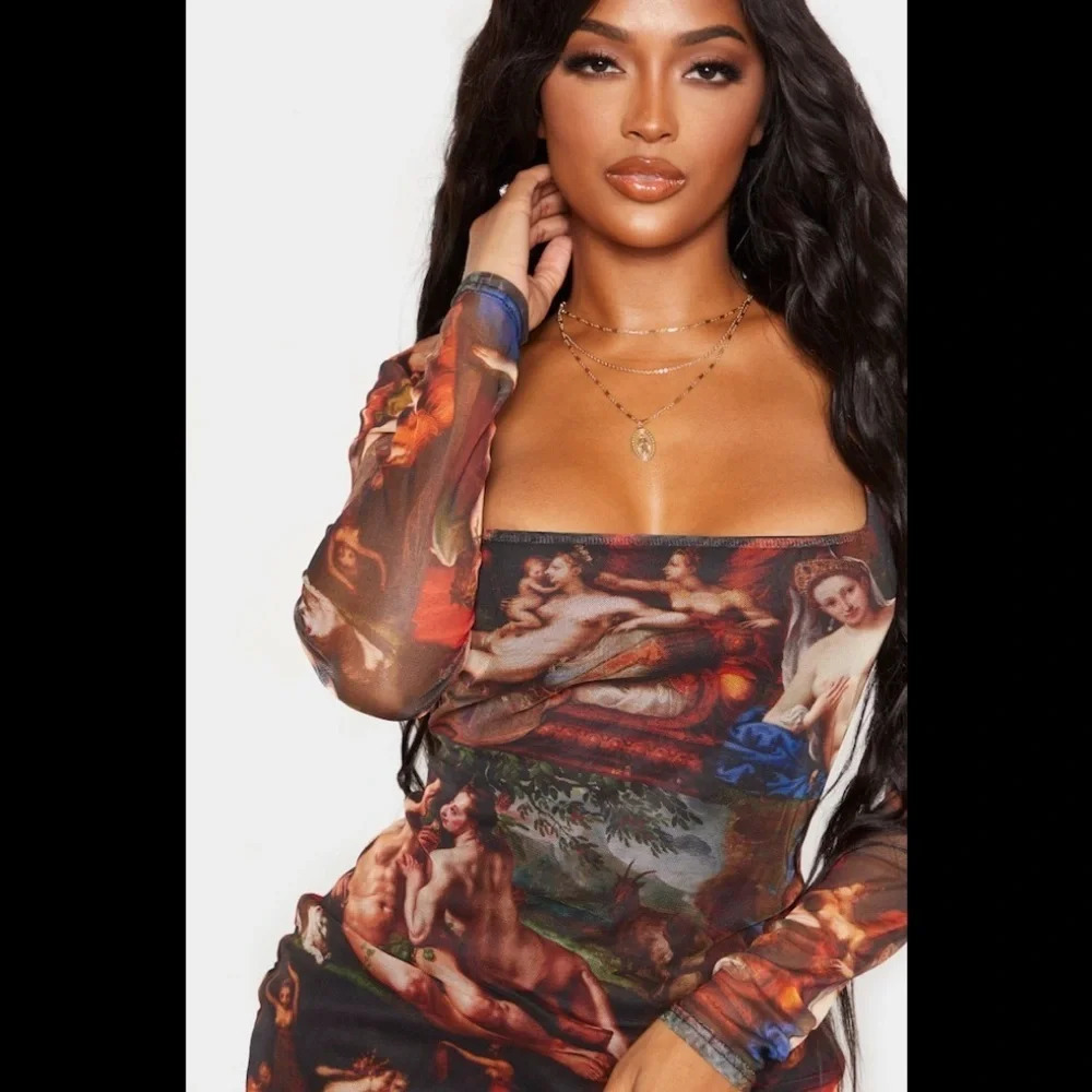 Plt Shape Multi Renaissance Print Mesh Square Neck Bodycon Dress, Size 10, NWOT - Picture 3 of 11